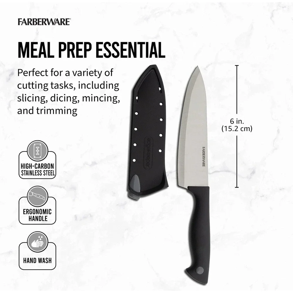 Farberware Chef Knife 6 inch EdgeKeeper Self-Sharpening Sleeve Black 530175 New